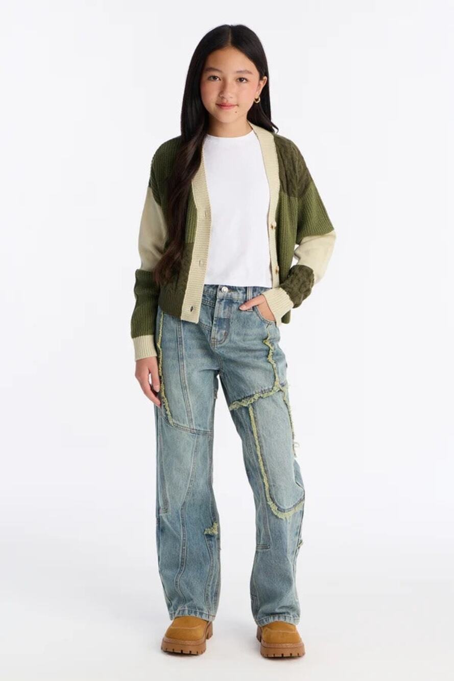 NWT 1 25-26 Fashion Nova Belmont Baggy Jeans medium wash patchwork straight leh